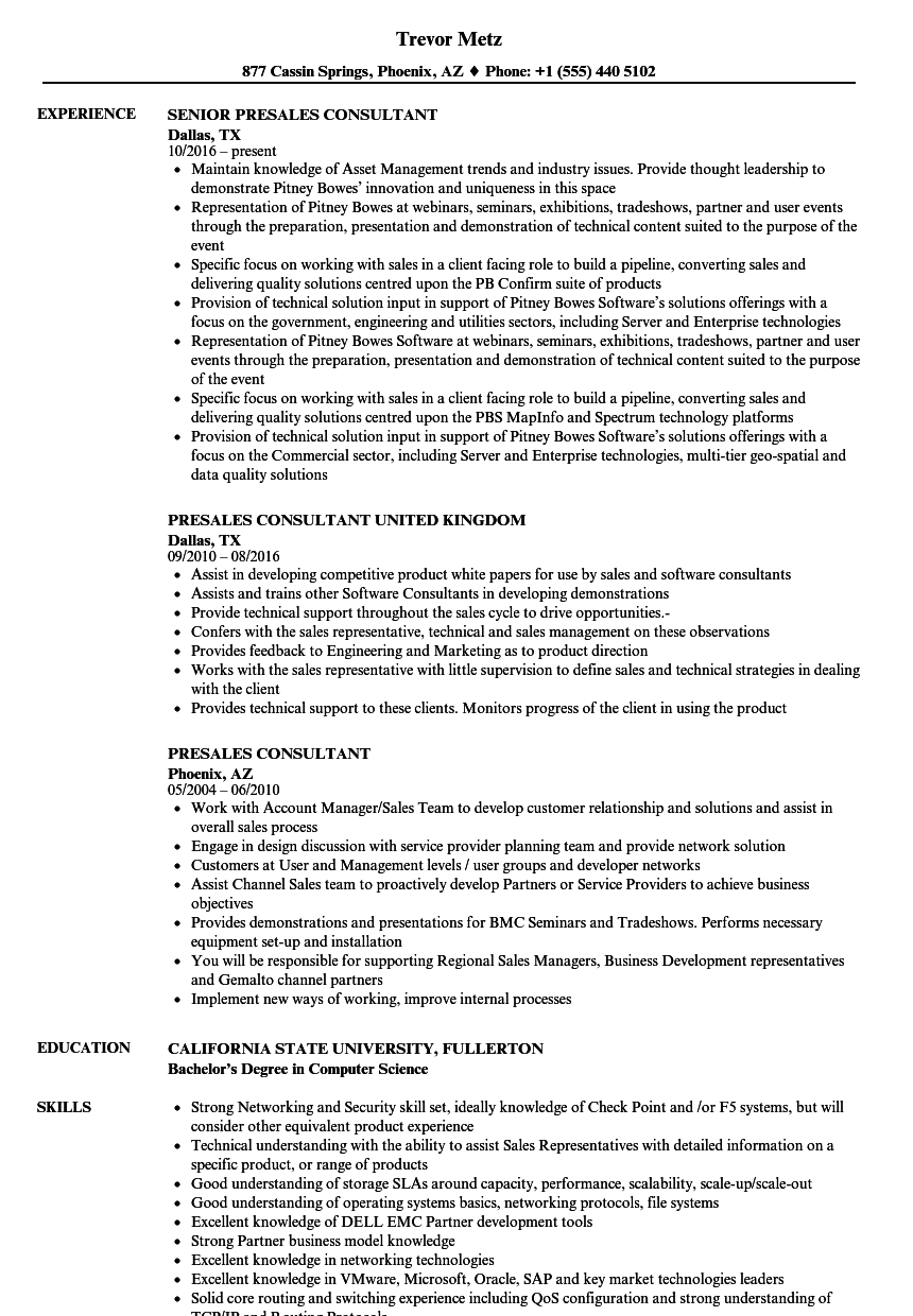 Presales Consultant Resume Samples Velvet Jobs