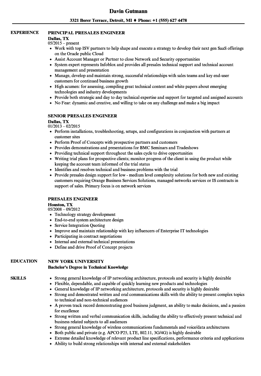 Presales Engineer Resume Samples Velvet Jobs