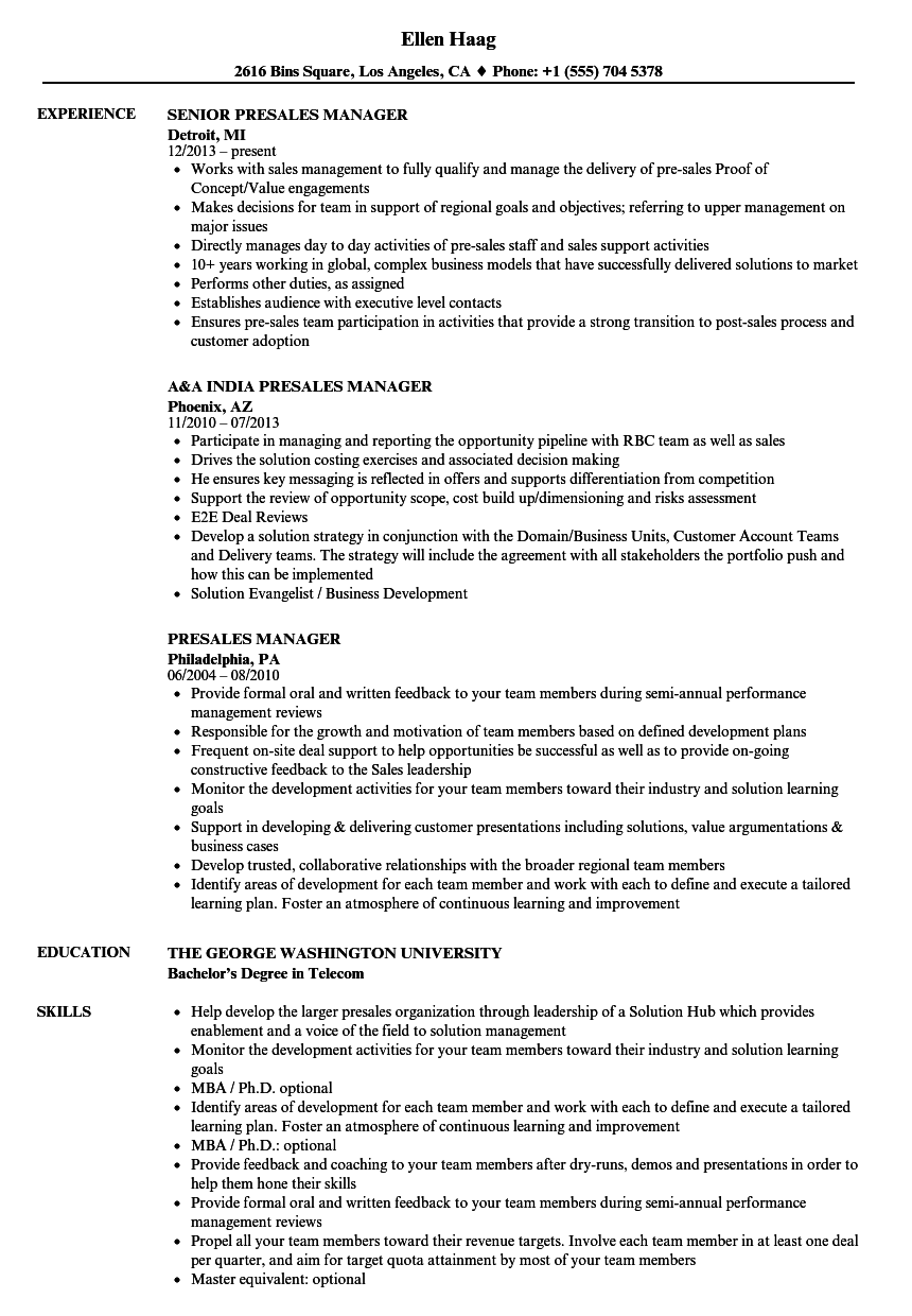 Presales Manager Resume Samples Velvet Jobs