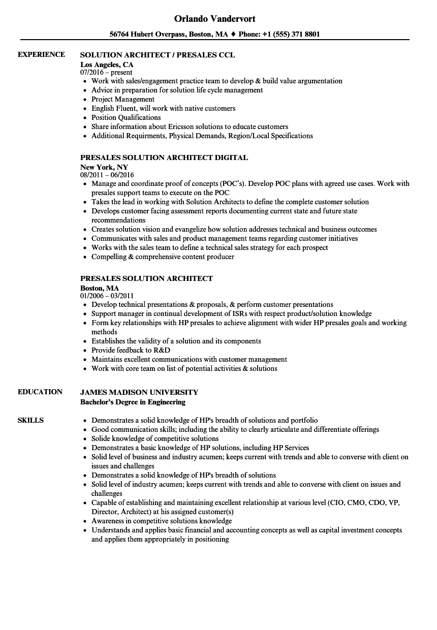 Presales Solution Architect Resume Samples Velvet Jobs