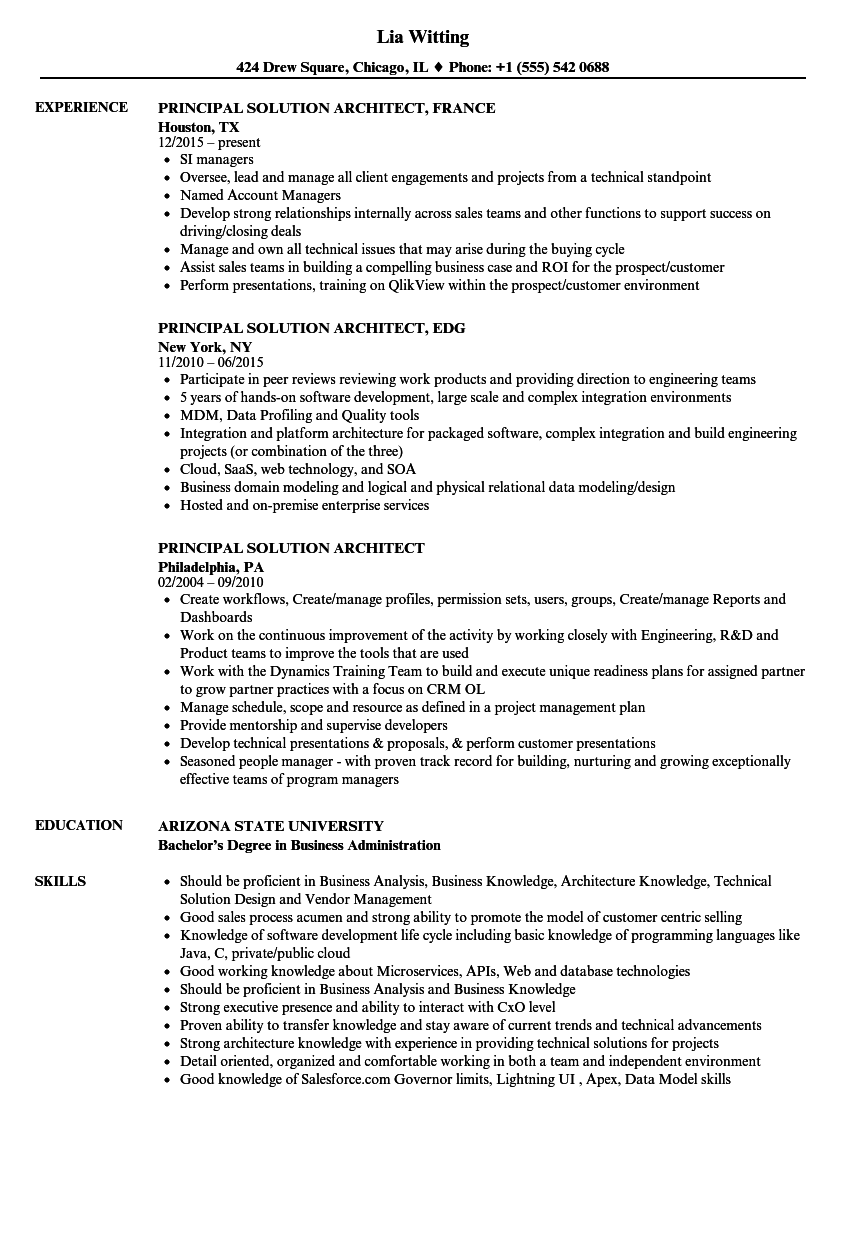 Principal Solution Architect Resume Samples | Velvet Jobs