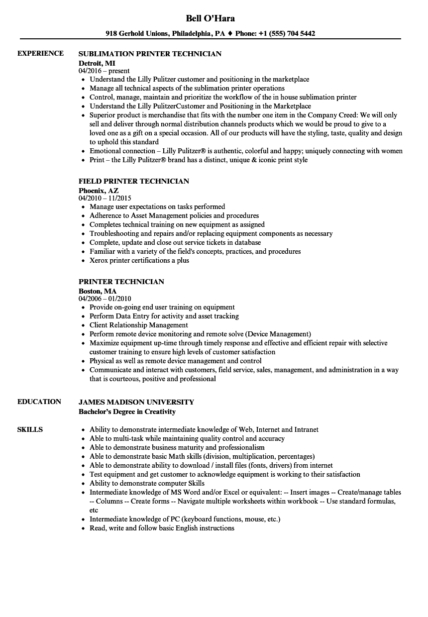 Printer Technician Resume Samples | Velvet Jobs