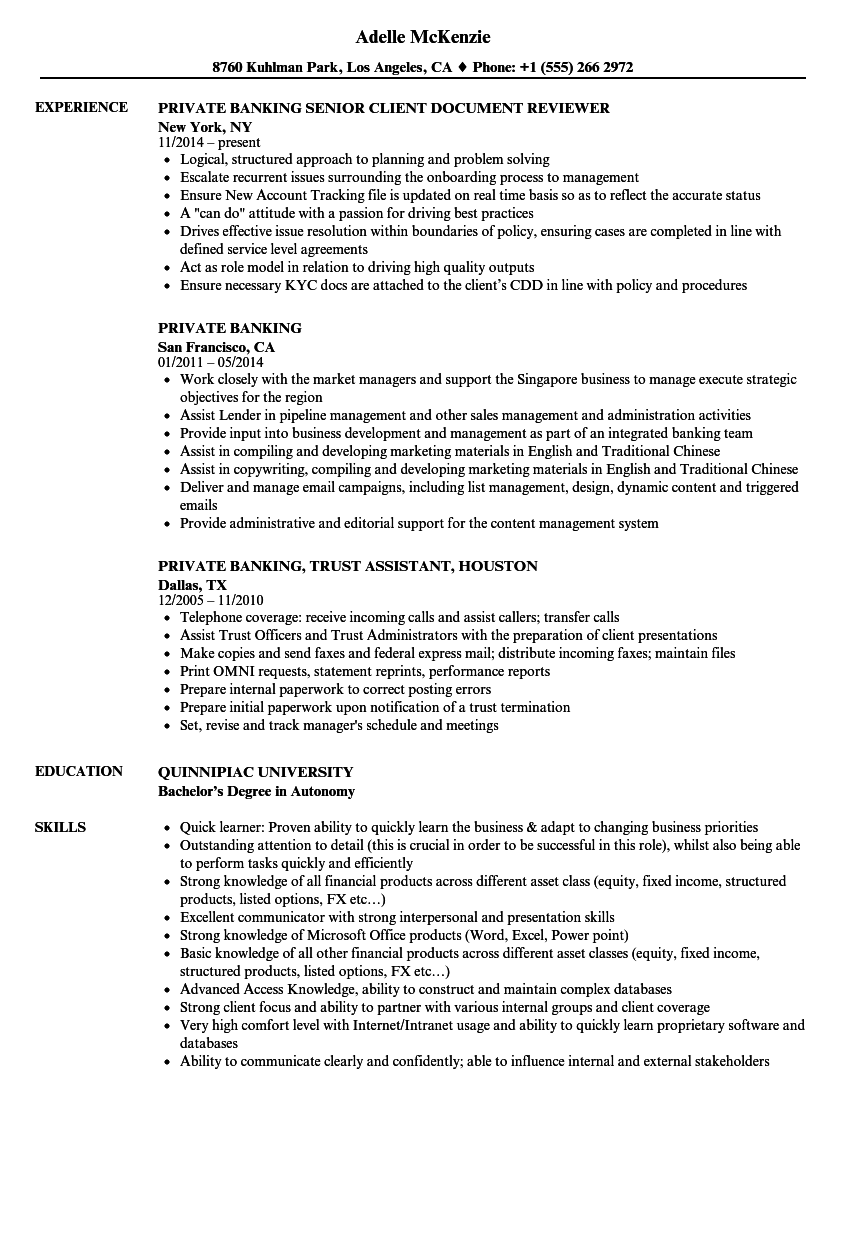 Private Banking Resume Samples  Velvet Jobs