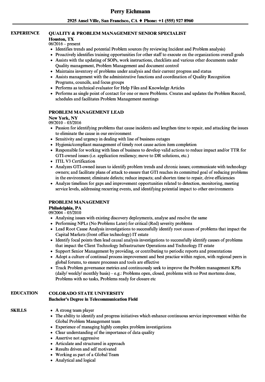 Problem Management Resume Samples Velvet Jobs Problem Management Resume Samples Velvet Jobs