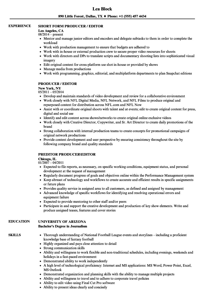 Producer Editor Resume Samples Velvet Jobs