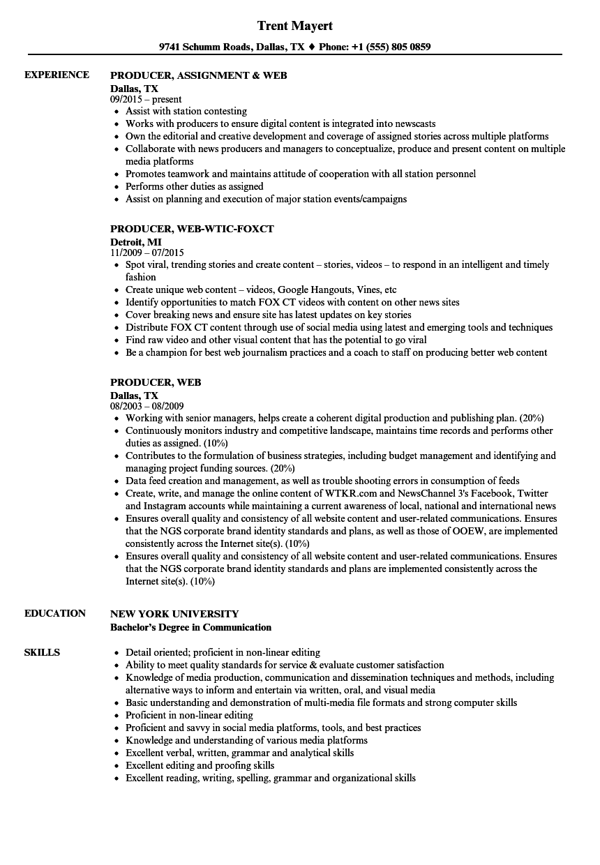 Producer, Web Resume Samples  Velvet Jobs