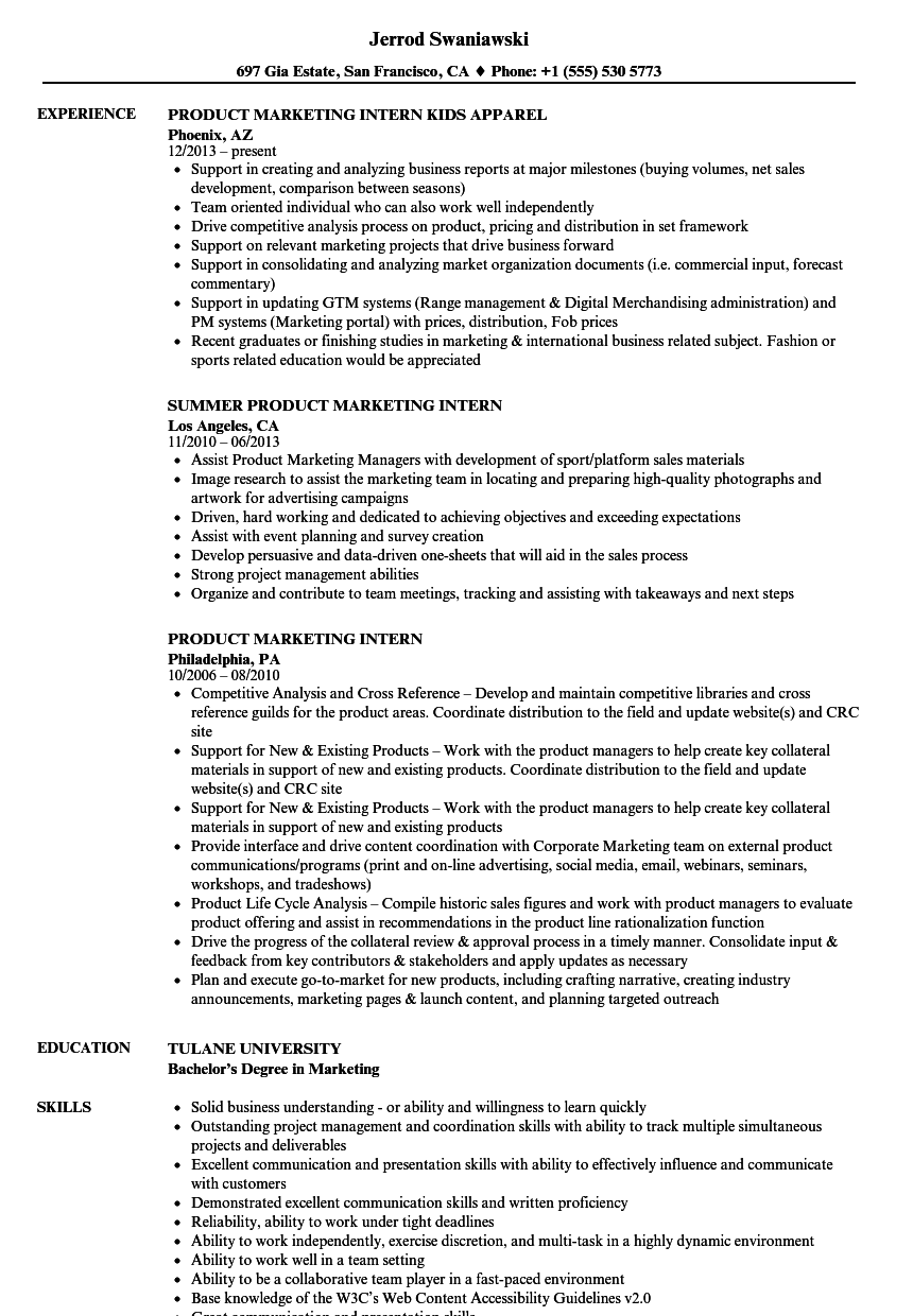 marketing intern description resume