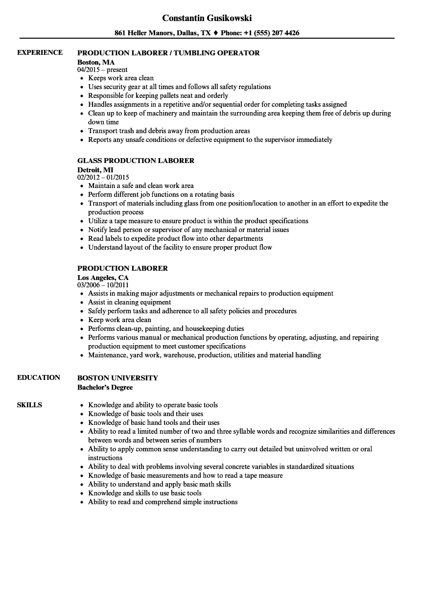 Production Laborer Resume Samples | Velvet Jobs