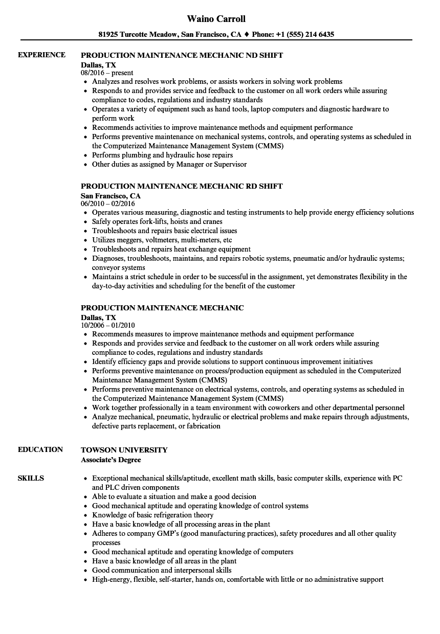 Production Maintenance Mechanic Resume Samples | Velvet Jobs