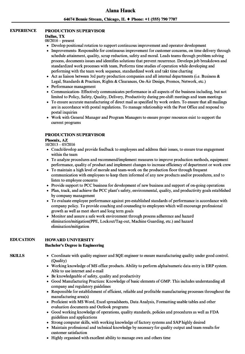 production supervisor resume word format download