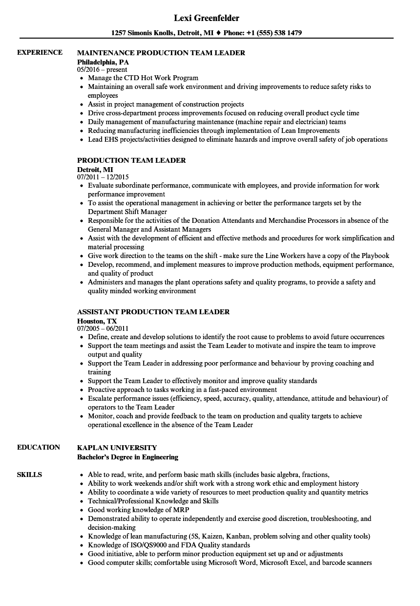 Production Team Leader Resume Samples | Velvet Jobs