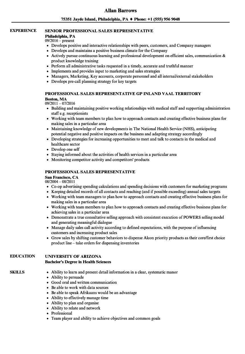 Professional Sales Representative Resume Samples | Velvet Jobs