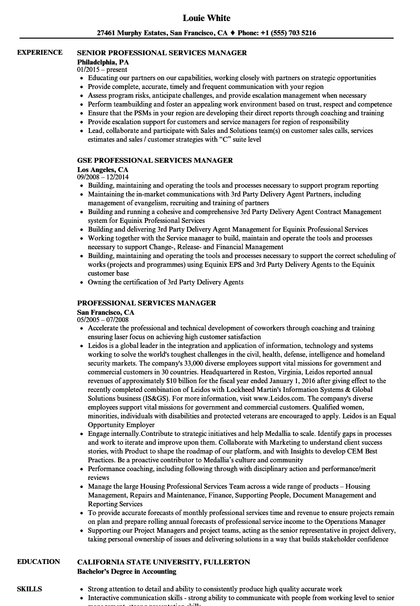 Professional Services Manager Resume Samples | Velvet Jobs