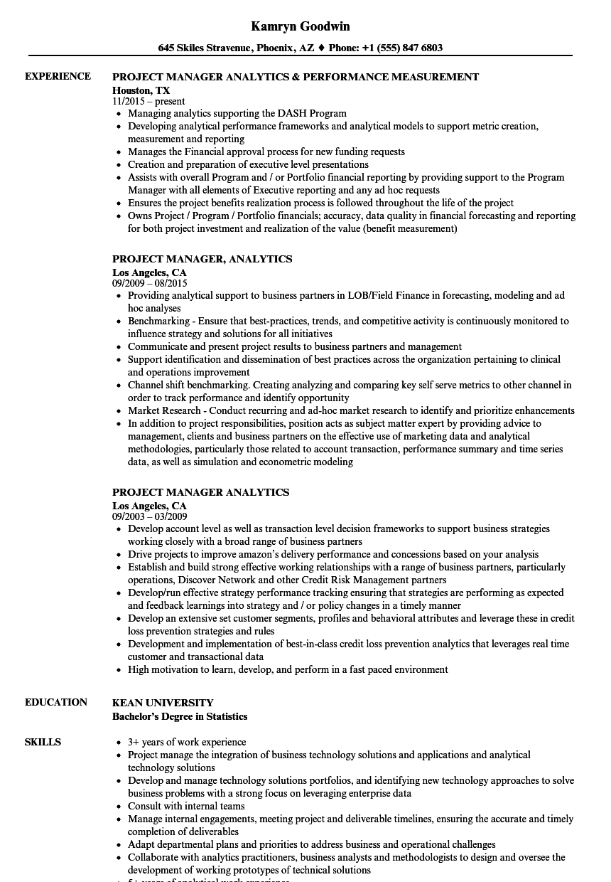 Project Manager, Analytics Resume Samples | Velvet Jobs