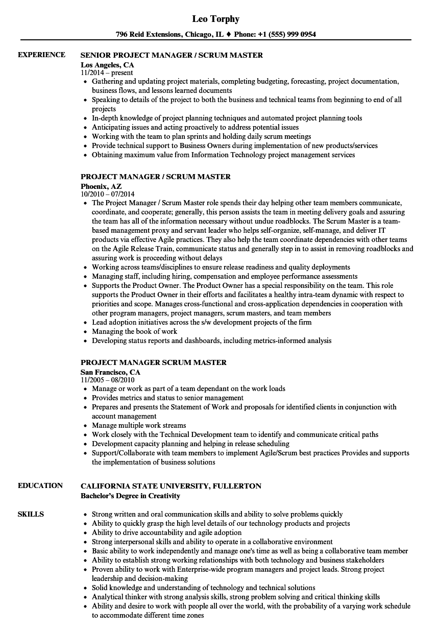 project manager    scrum master resume samples