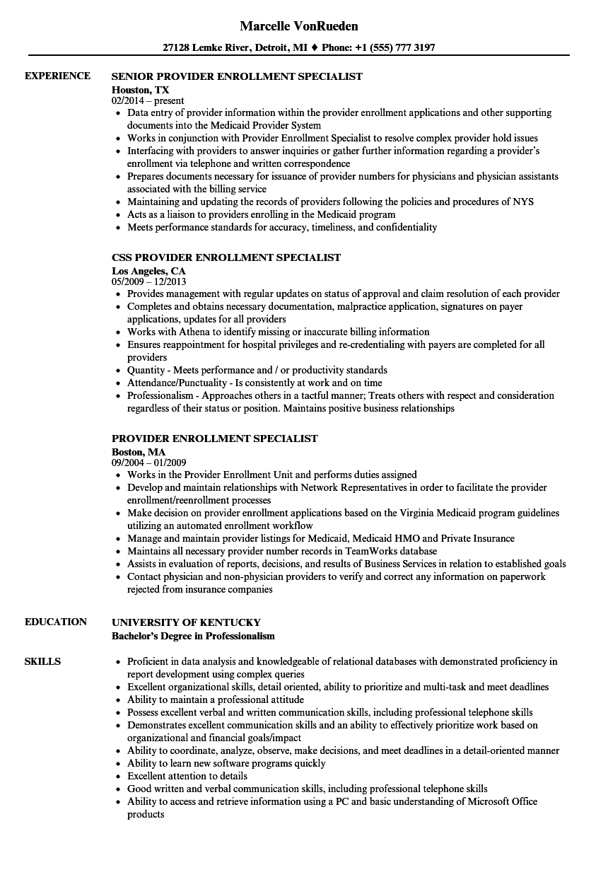 Provider Enrollment Specialist Resume Samples  Velvet Jobs