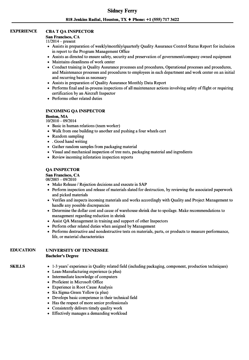 Qa Inspector Resume Samples Velvet Jobs