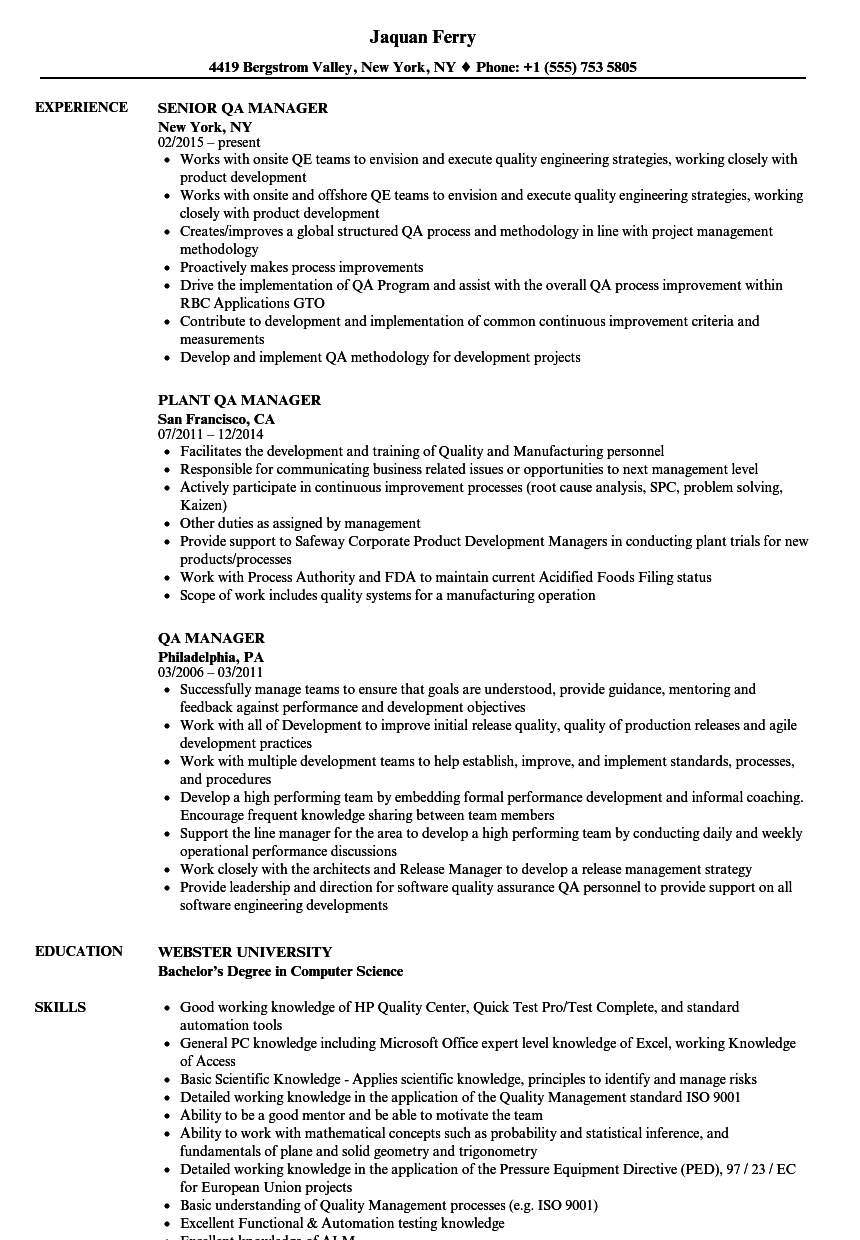 QA Manager Resume Samples  Velvet Jobs