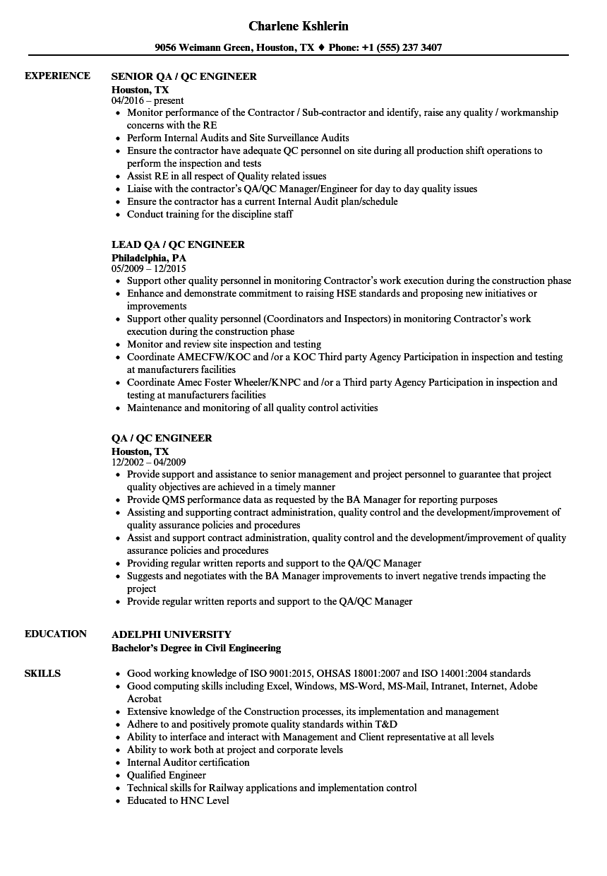 QA / QC Engineer Resume Samples  Velvet Jobs