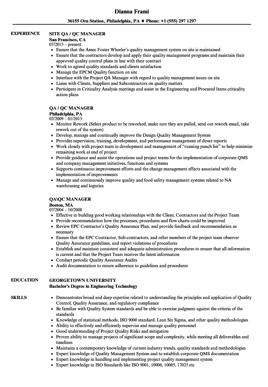 Qa Qc Manager Resume Samples Velvet Jobs