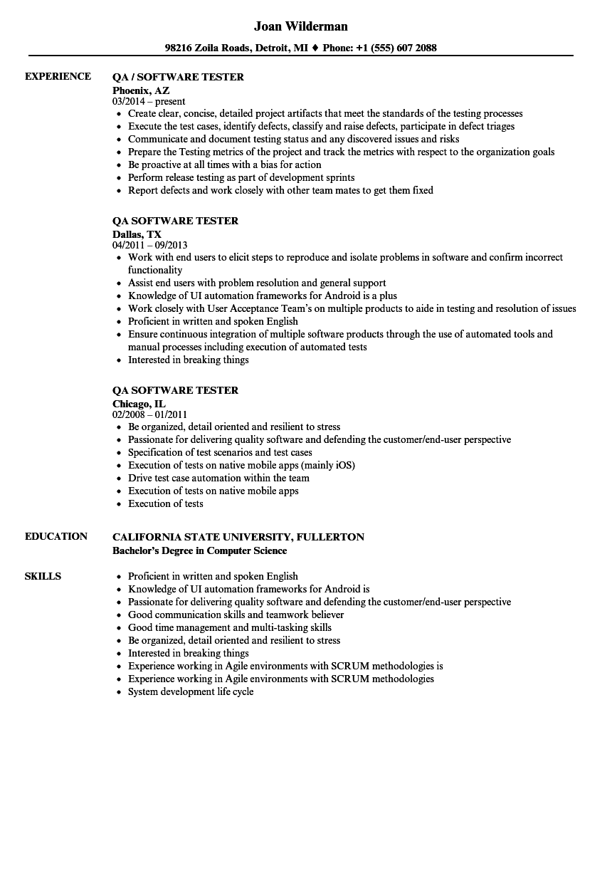 Qa Software Tester Resume Samples Velvet Jobs