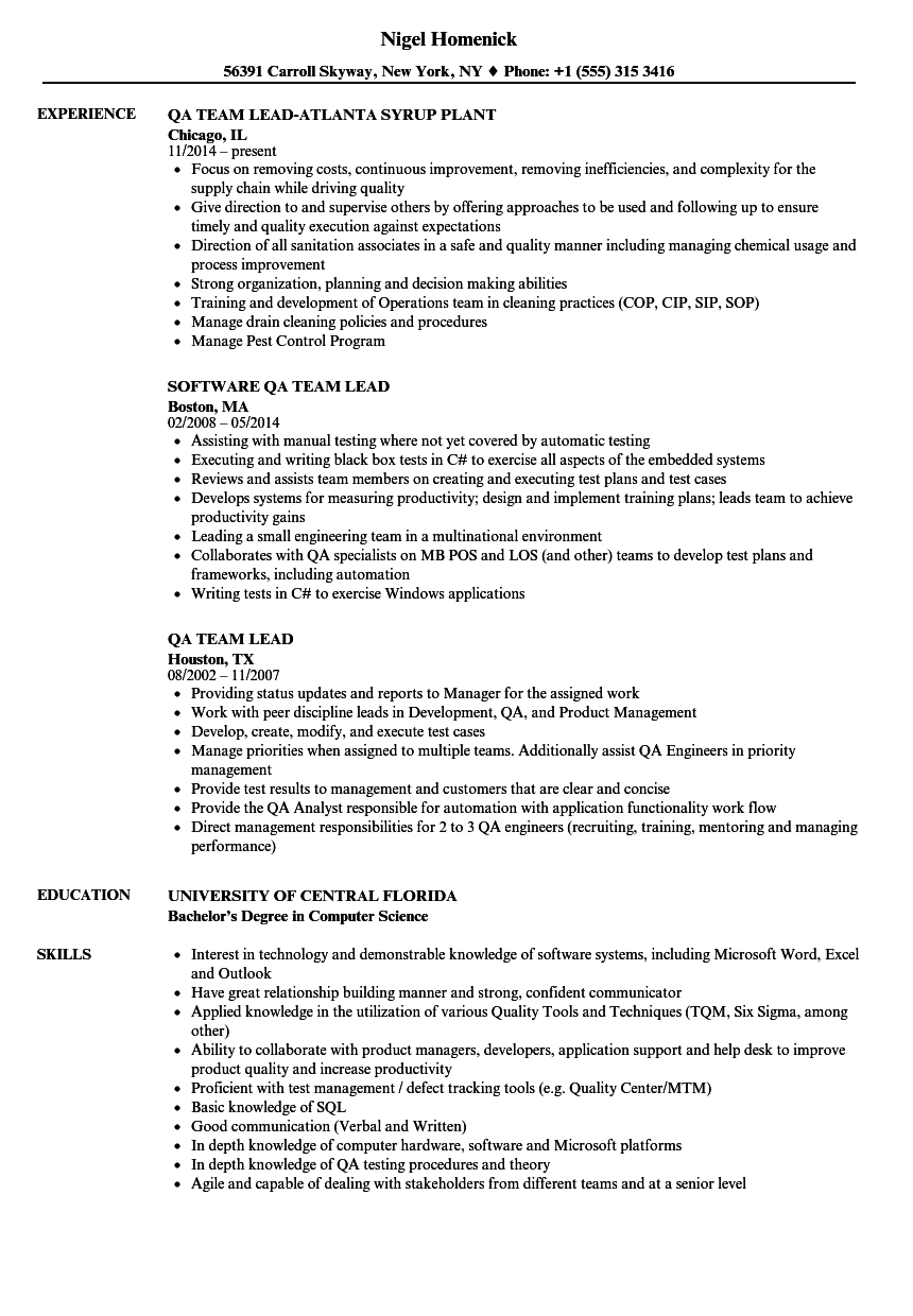 QA Team Lead Resume Samples Velvet Jobs