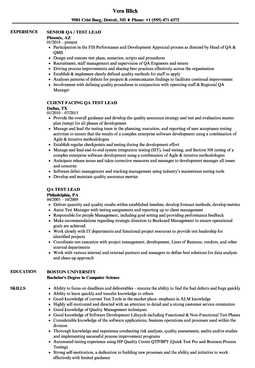 QA Test Lead Resume Samples  Velvet Jobs