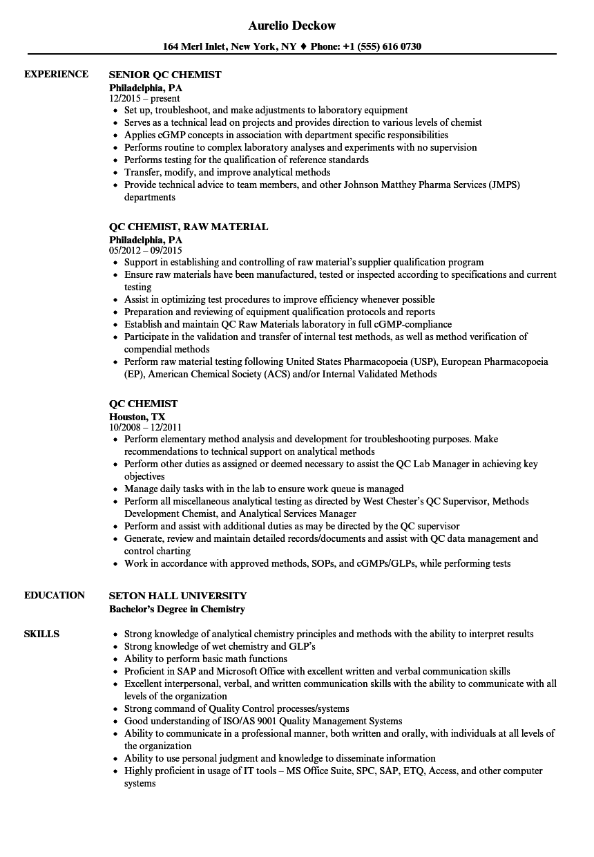 quality control chemist resume examples