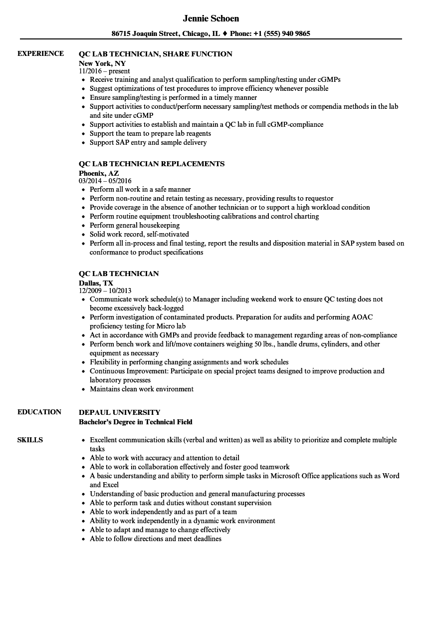 Qc Lab Technician Resume Samples Velvet Jobs