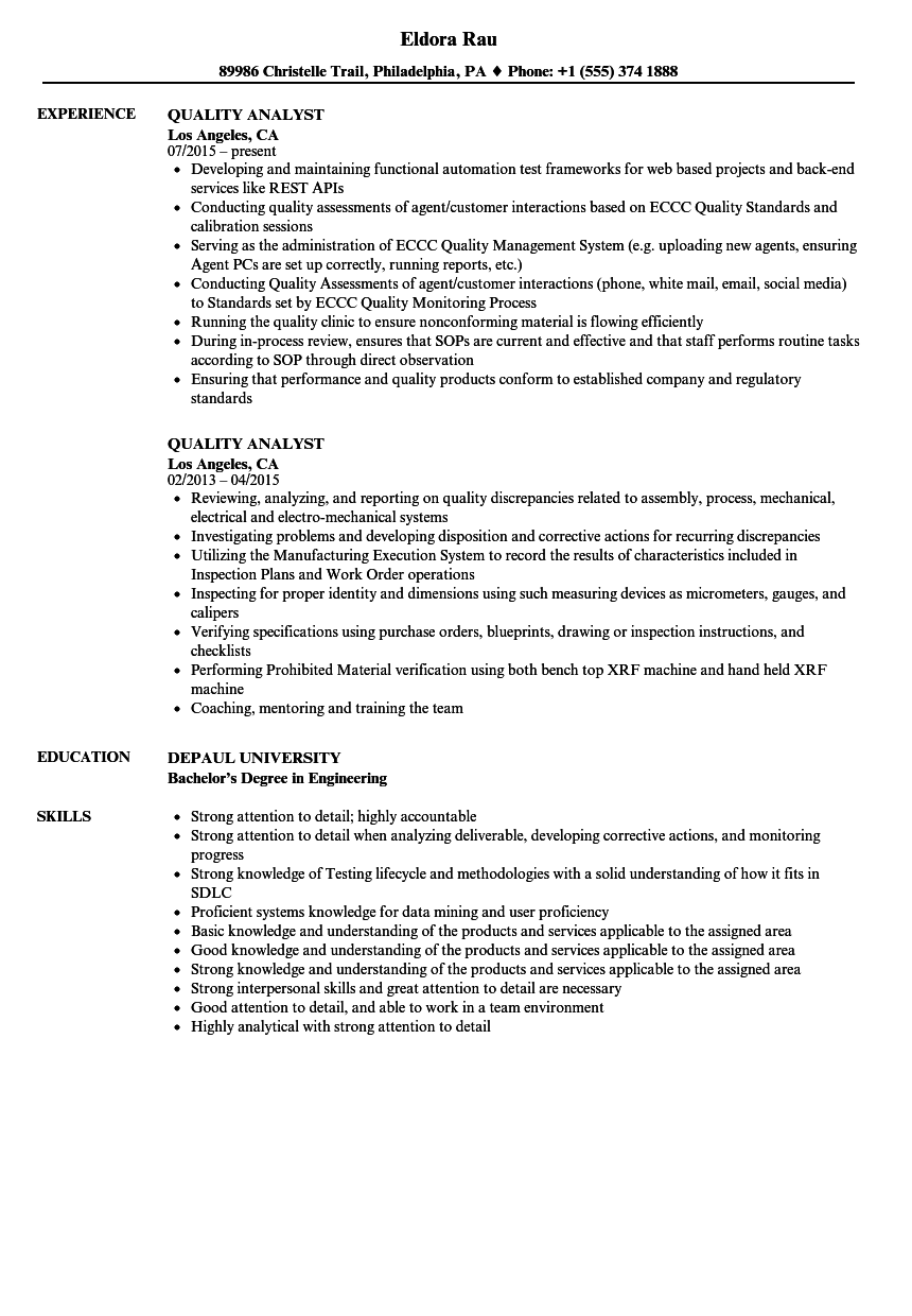 resume format for quality analyst