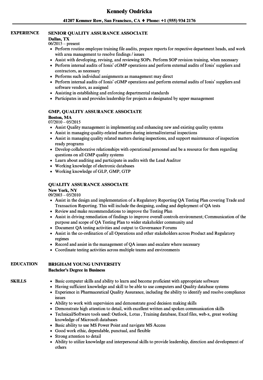 Quality Assurance Associate Resume Samples | Velvet Jobs