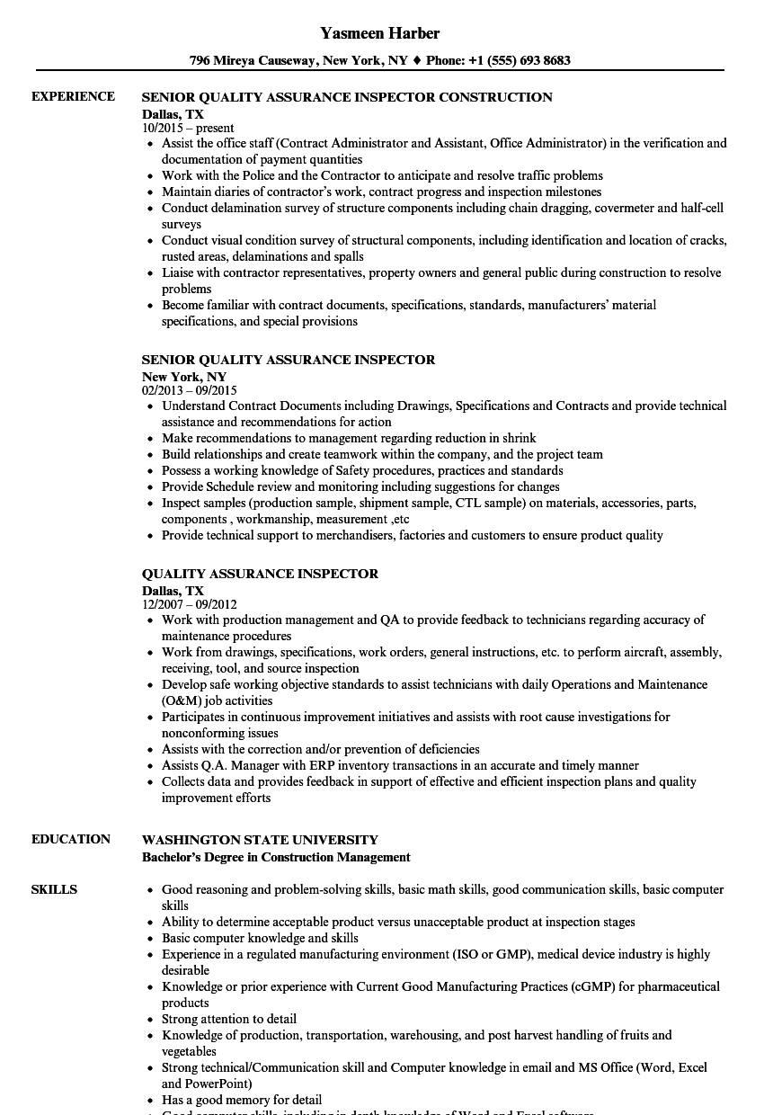 Quality Assurance Inspector Resume Samples Velvet Jobs