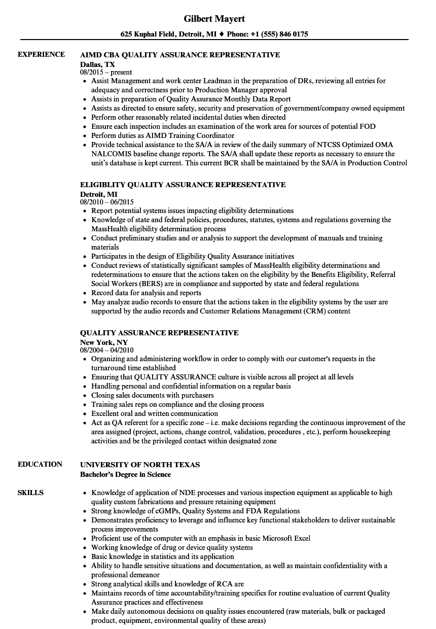 Quality Assurance Representative Resume Samples Velvet Jobs