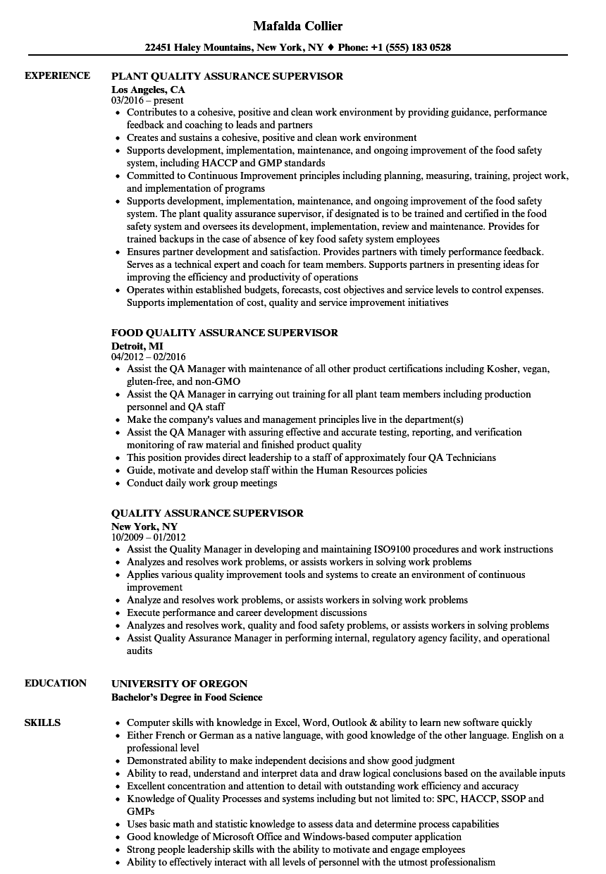 Quality Assurance Supervisor Resume Samples Velvet Jobs