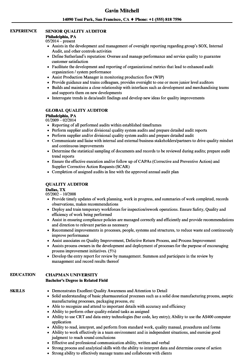 Quality Auditor Resume Samples  Velvet Jobs