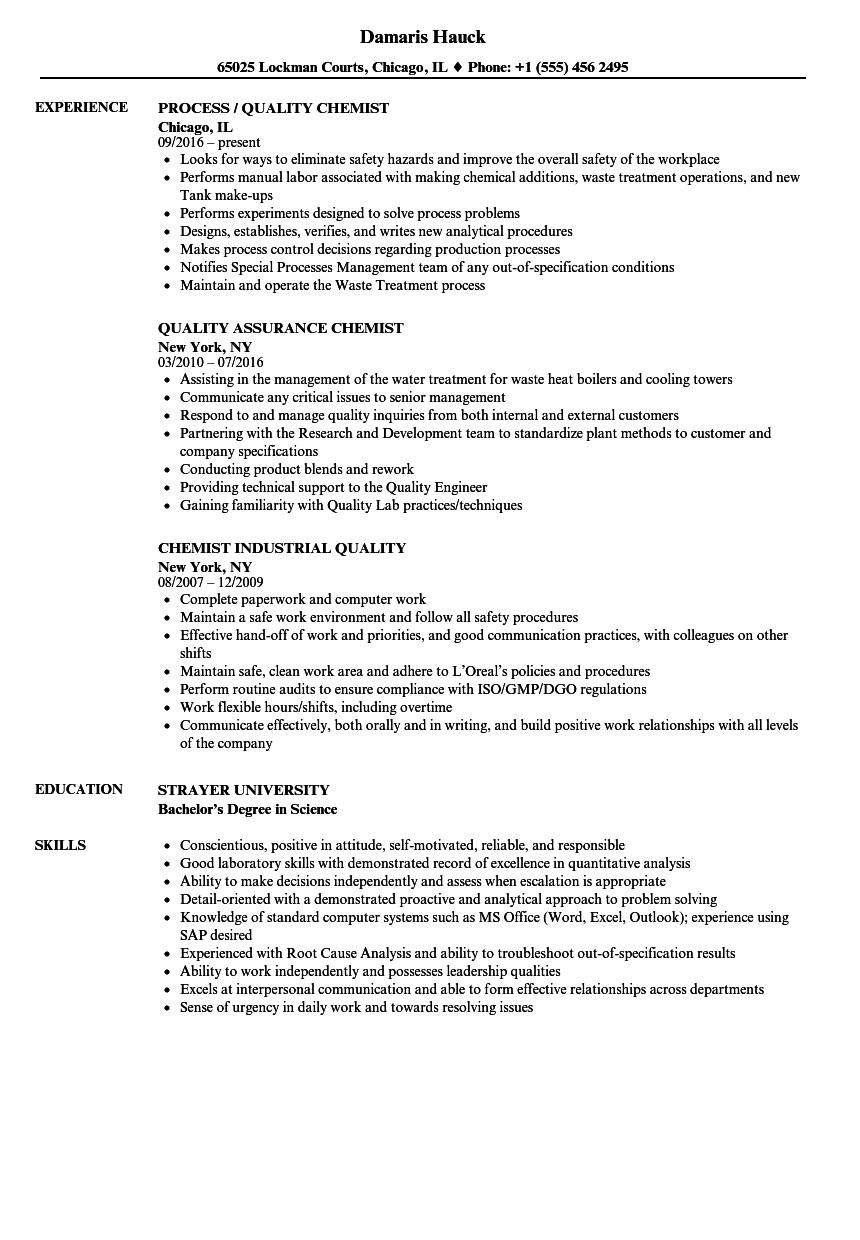 resume format for experienced quality control chemist