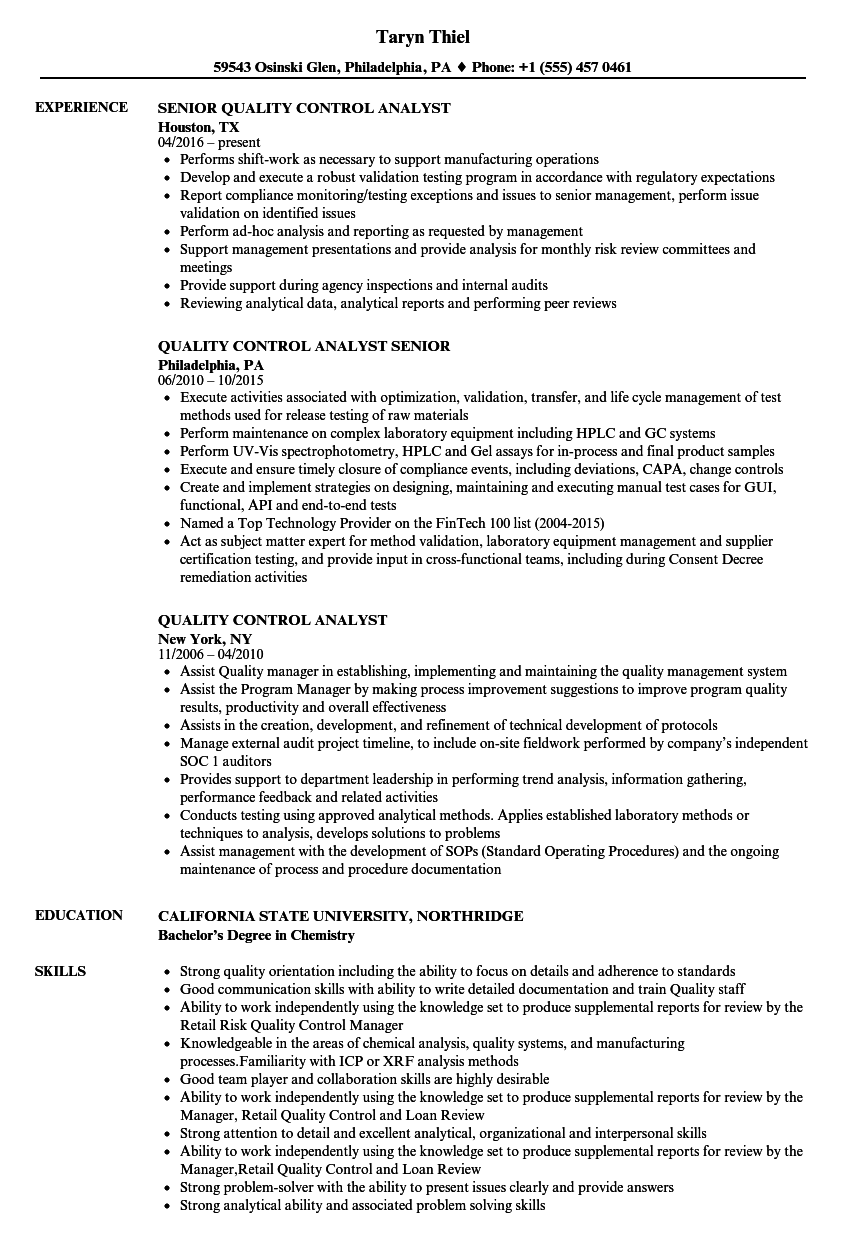 Quality Control Analyst Resume Samples  Velvet Jobs