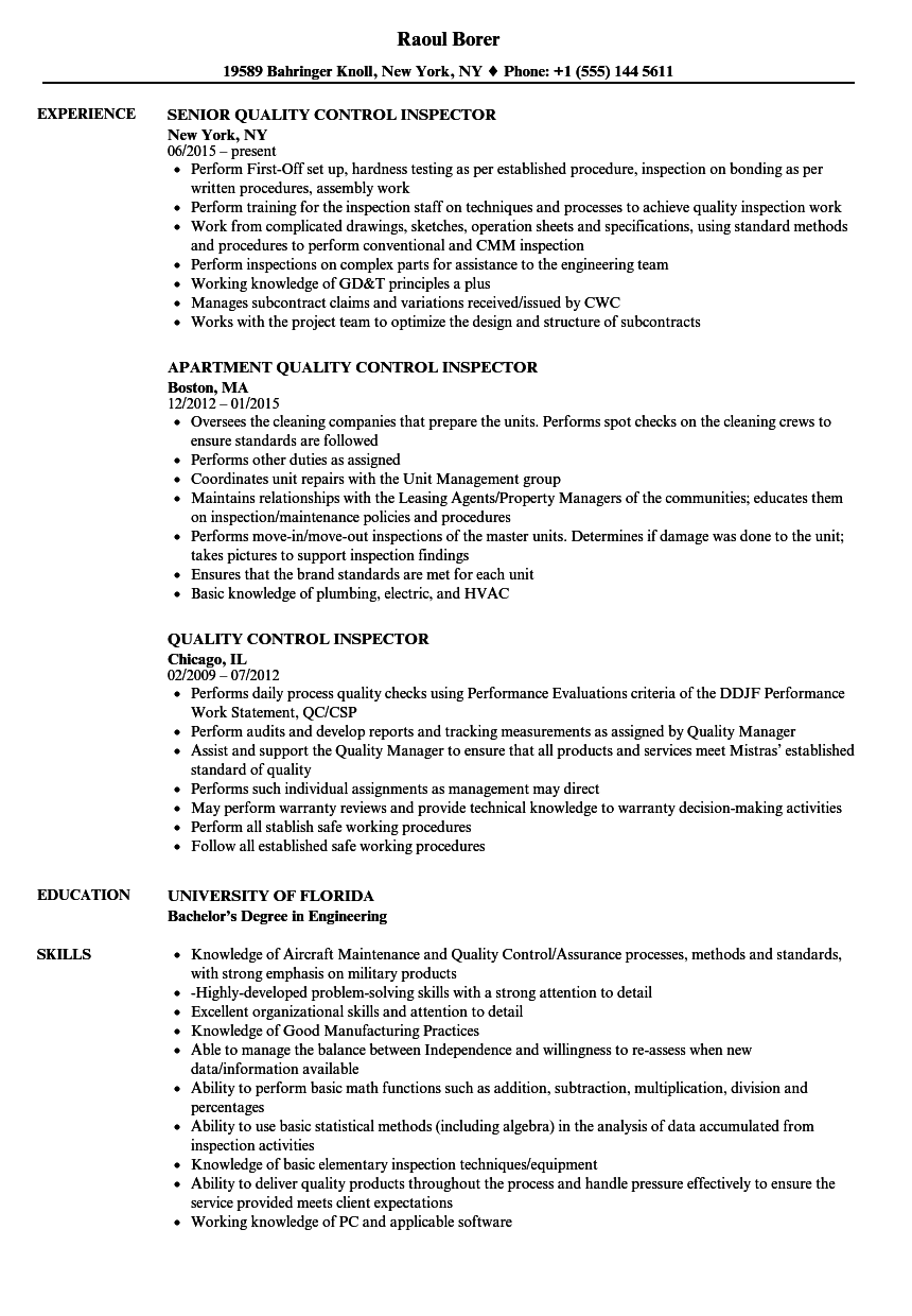 Quality Control Inspector Resume Samples Velvet Jobs