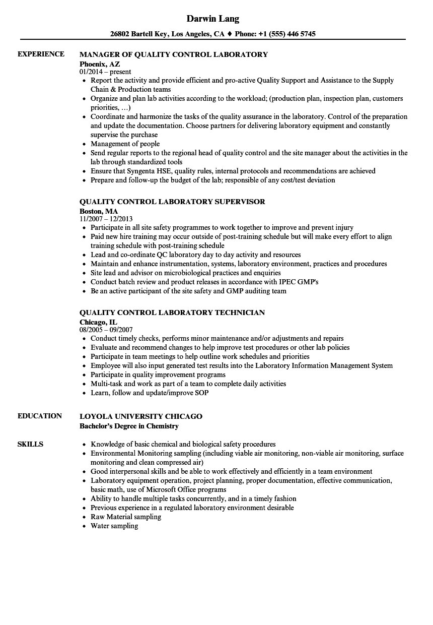 Quality Control Laboratory Resume Samples | Velvet Jobs