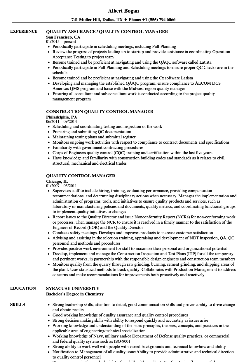 resume format for quality control manager