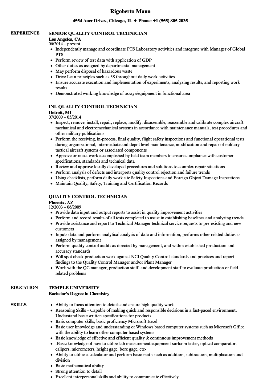 Quality Control Technician Resume Samples Velvet Jobs