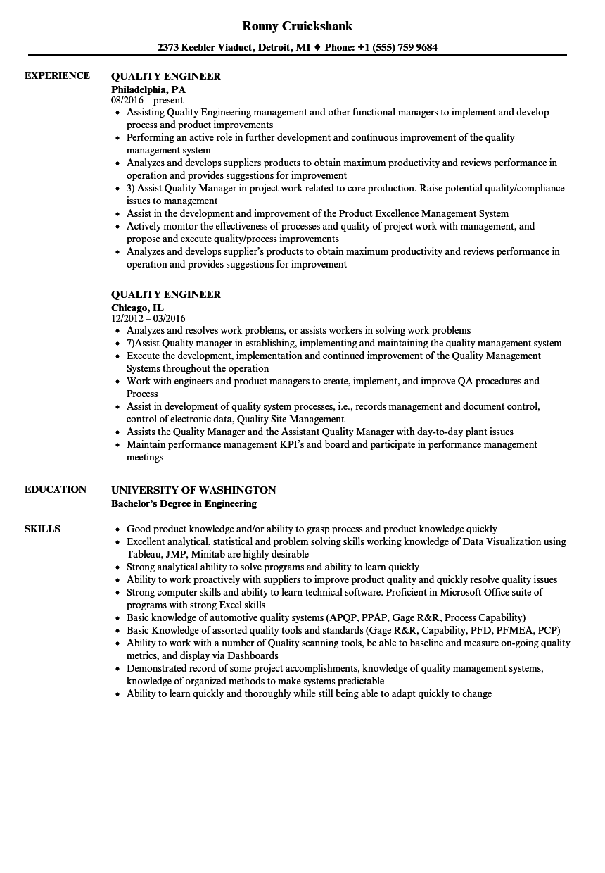 Quality Engineer Resume Samples  Velvet Jobs