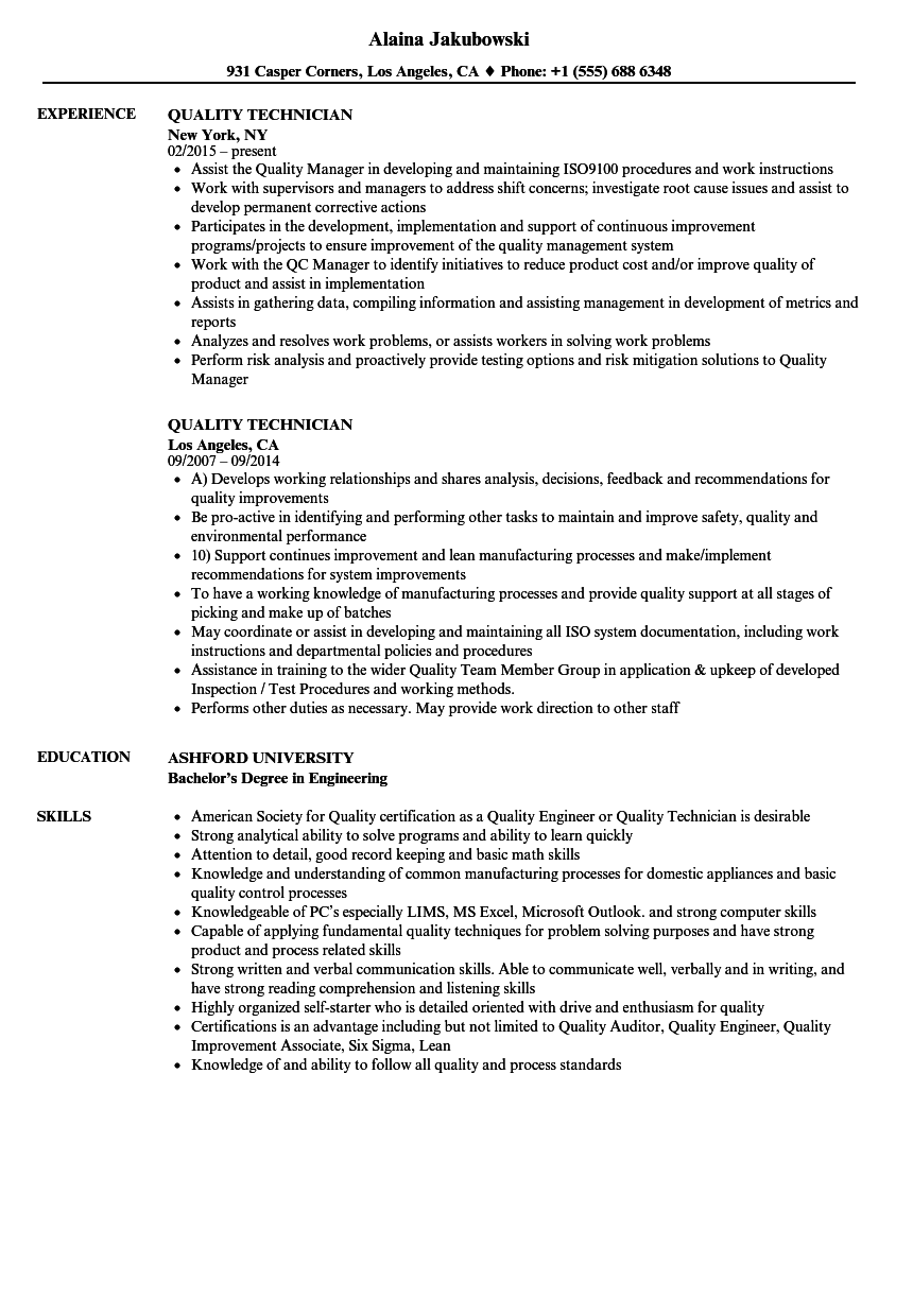 Quality Technician Resume Samples | Velvet Jobs