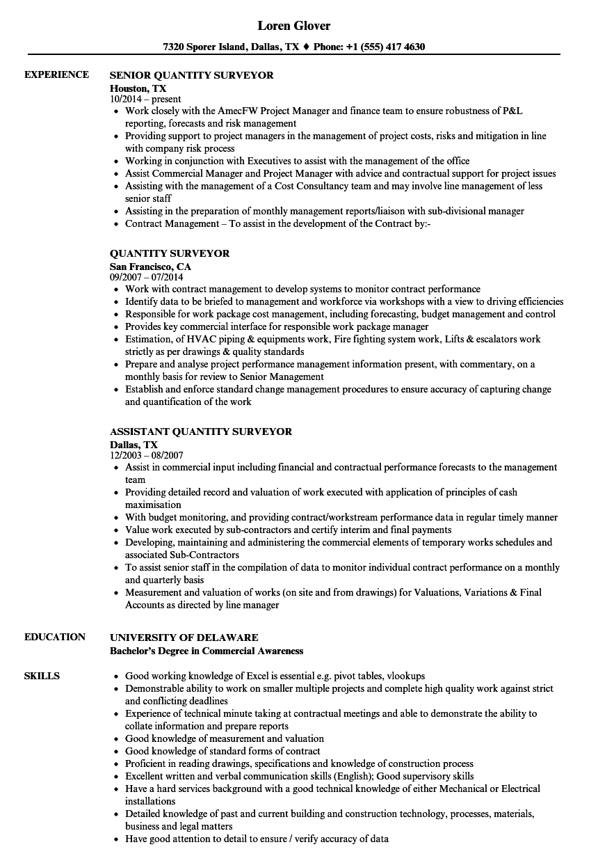 Quantity Surveyor Resume Samples Velvet Jobs