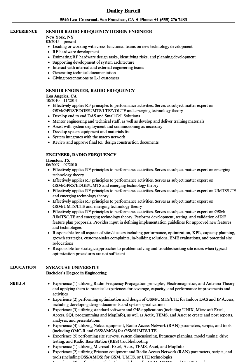 radio frequency resume samples