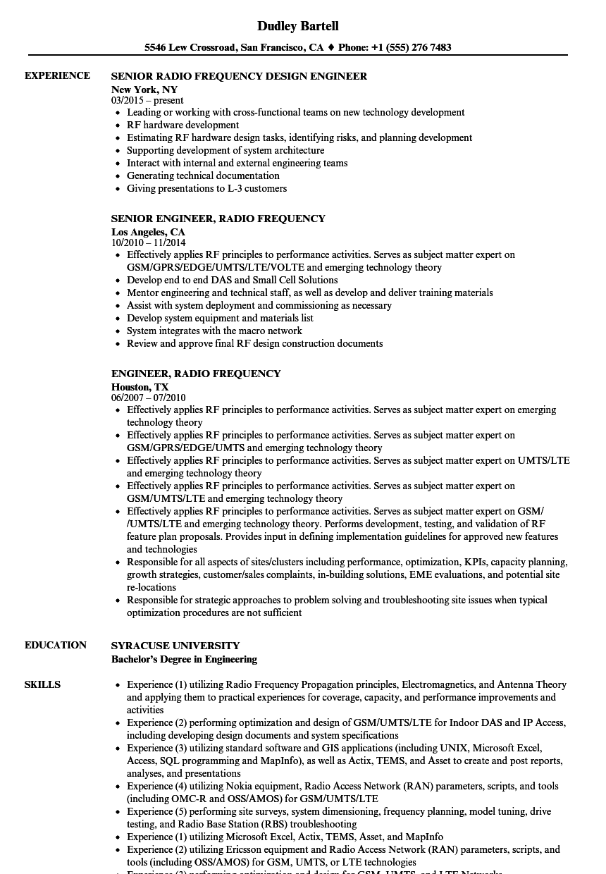 Radio Frequency Resume Samples | Velvet Jobs