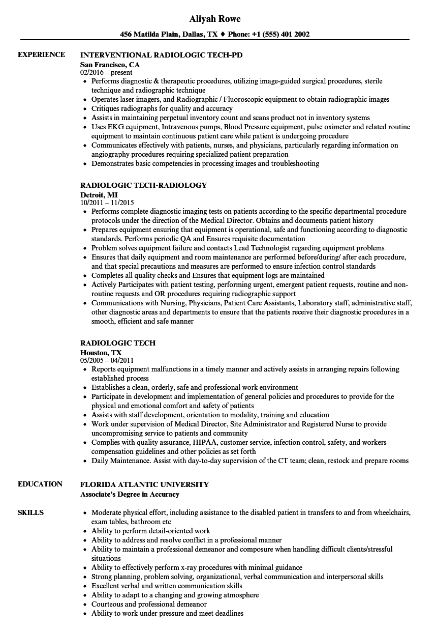 Radiologic Tech Resume Samples Velvet Jobs