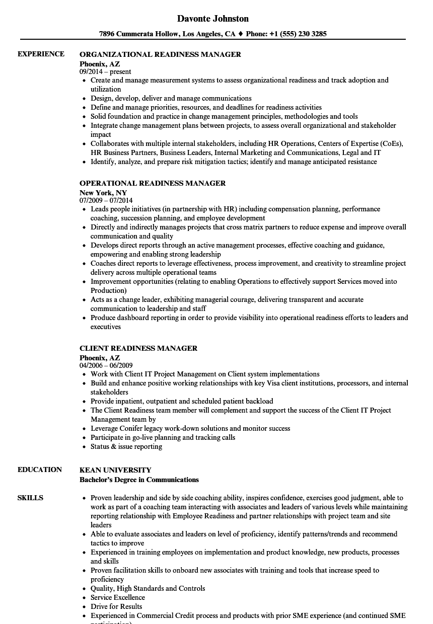 Readiness Manager Resume Samples | Velvet Jobs