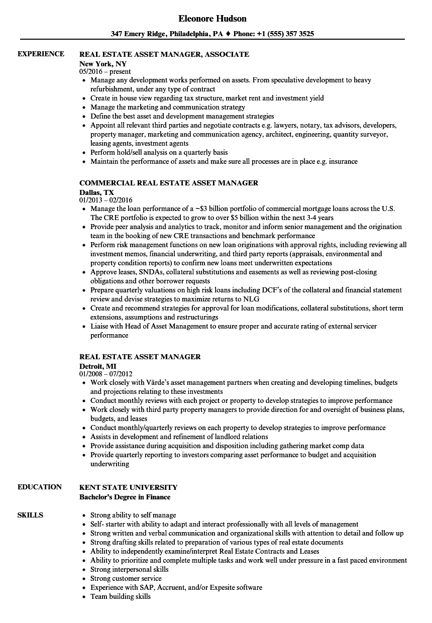 Real Estate Asset Manager Resume Samples | Velvet Jobs