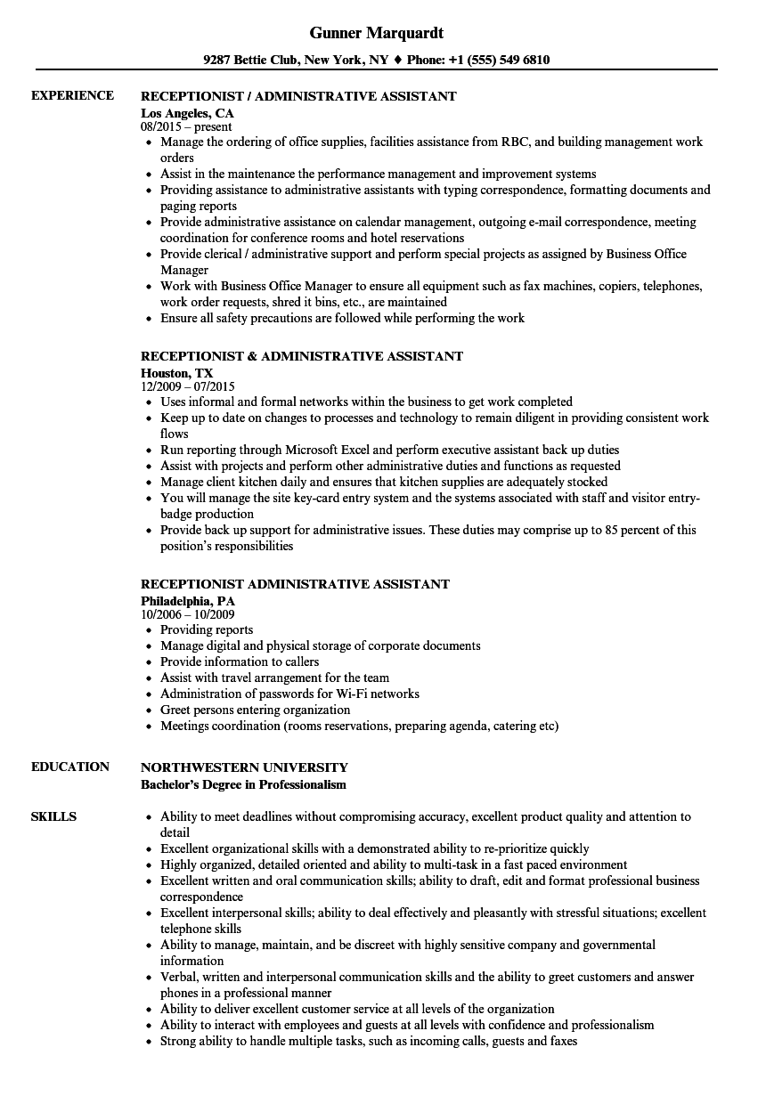 resume for receptionist administrative assistant